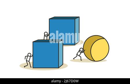 Business uomo d'affari e donna d'affari concetto strategia concorrente obiettivo vettore con sfera e cubo. Efficienza di leadership migliore spostare palla o scatola Illustrazione Vettoriale