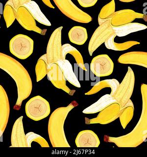 Acquerello a banana brillante motivo senza cuciture su sfondo scuro. Banana semitelata con fettine per tessuto, tessuto, fasciatura, copertura. Vista laterale Foto Stock