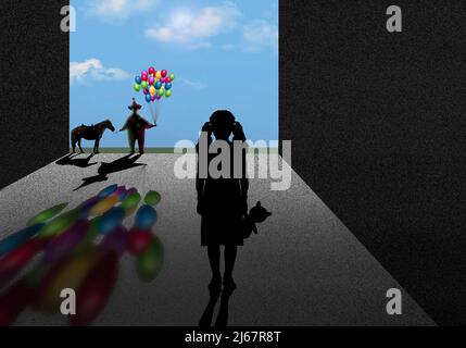 Un uomo pagliaccio creepy con palloncini e un pony è solo con una bambina e il suo orsacchiotto in un'illustrazione di 3-d. Foto Stock