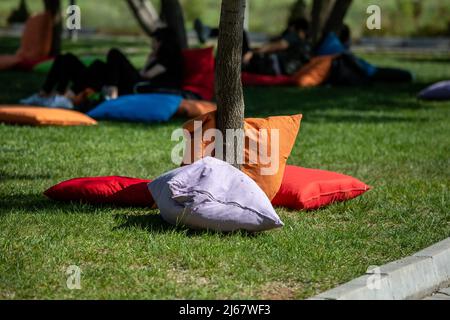 Studenti seduti su cuscini sotto gli alberi Foto Stock