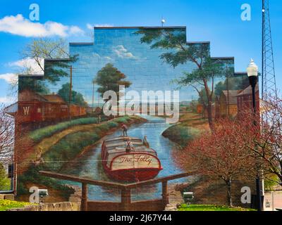 Murale del canale con una barca del canale a Newark Ohio Stati Uniti Foto Stock