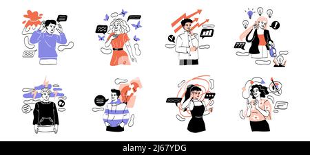 Insieme di persone con pensieri e sentimenti diversi Illustrazione Vettoriale