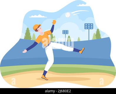 Giocatore di baseball Sport lanciare, catturare o colpire una palla con pipistrelli e guanti che indossano uniforme sul Court Stadium in Flat Cartoon Illustration Illustrazione Vettoriale
