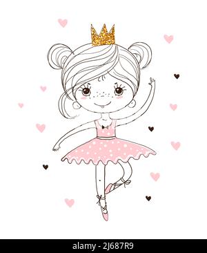 Carina ballerina in tutu e scarpe a punta. La principessa balla in un abito rosa. Un bel poster lineare sul balletto per l'infermiera Illustrazione Vettoriale