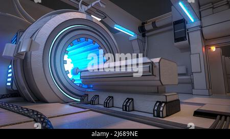 Fantascienza ambiente interno di laboratorio di tecnologia su nave spaziale 3D resa di stanza futuristica di fantascienza high tech senza gente con incandescente Foto Stock