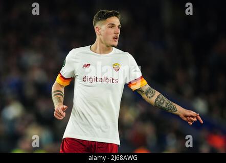 Nicolo Zaniolo di Roma durante la semifinale della UEFA Europa Conference League, partita di prima tappa al King Power Stadium di Leicester. Data foto: Giovedì 28 aprile 2022. Foto Stock