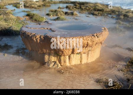 Tubo con rifiuti in natura. Tubo arrugginito da terra. Problema ambientale. L'acqua calda si riversa nel fiume. Foto Stock