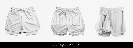 Set bianco slacciato mockup shorts con linea di compressione, isolato su sfondo. Modello sportivo da uomo con mutande per il design. Foto Stock