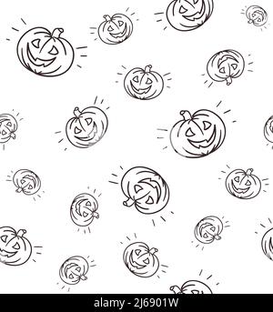 Illustrazione vettoriale di pattern senza giunture con jack-o-lanterna, volo caotico su sfondo bianco Illustrazione Vettoriale