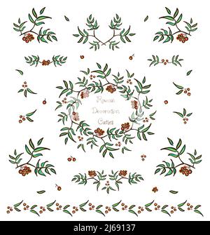 Set vettoriale di rametti di alberi carini elementi decorativi, bordi e vignette in frutti di bosco di rowan e foglie per carte e design Illustrazione Vettoriale