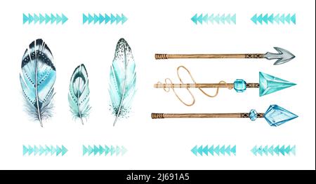 Acquerello impostato con frecce e piume. Raccolta di elementi boho per frecce di costruzione. Illustrazione dipinta a mano in stile tribale turchese per Foto Stock
