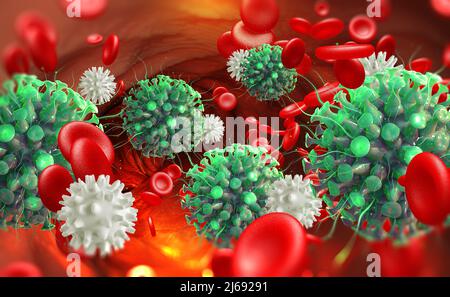 Infezione virale nel sangue. L'immunità combatte la malattia. I globuli bianchi attaccano i virus. Mutazioni virali e difesa immunitaria 3D illustrazione Foto Stock