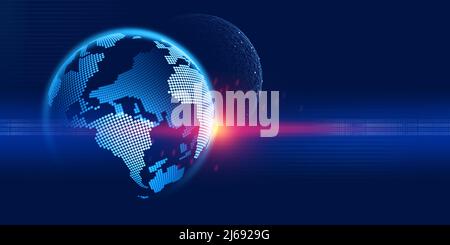 Mondo digitale. Tecnologia dell'informazione del futuro. Ricerca nel campo delle nanotecnologie. 3d illustrazione su sfondo blu scuro Foto Stock