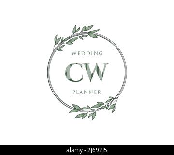 CW iniziali lettera Wedding monogramma collezione loghi, disegnati a mano moderni minimalistici e modelli floreali per carte di invito, Salva la data, elegante Illustrazione Vettoriale