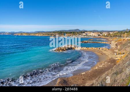 Spiaggia di Rayolet, Grand Gaou Island, Six-Fours-les-Plages, Provenza-Alpi-Costa Azzurra, Francia, Mediterraneo, Europa Foto Stock