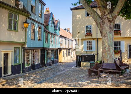 Norwich Elm Hill, una storica stradina acciottolata a Norwich, Norfolk, East Anglia, Inghilterra, Regno Unito Foto Stock