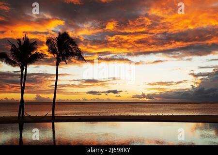 Gli alberi di palma che si affacciano sulle nuvole rosse si riflettono in una piscina a sfioro durante il tramonto su una spiaggia a Flic en Flac, Mauritius, Oceano Indiano, Africa Foto Stock