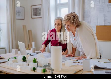 Le donne mature eco architetti con modello di moderni bulidings e progetti che lavorano insieme in ufficio. Foto Stock