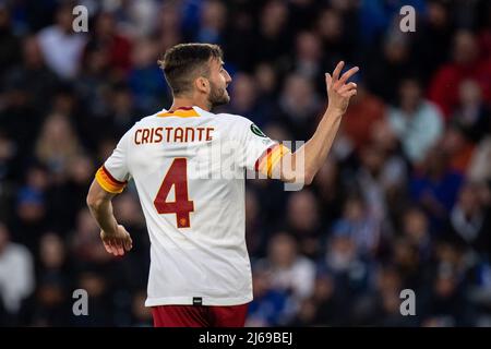 Leicester, Regno Unito. 28th Apr 2022. LEICESTER, INGHILTERRA - APRILE 28: Bryan Cristante durante la semifinale della UEFA Conference League, tappa uno tra Leicester City e AS Roma al King Power Stadium il 28 aprile 2022 a Leicester, Regno Unito. (Foto di Sebastian Frej) Credit: Sebo47/Alamy Live News Foto Stock