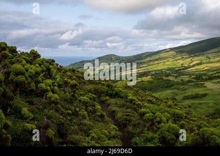 Faial, Portogallo - 07 Agosto 2021 : Costa Faial vista da Cabeo do Fogo Foto Stock