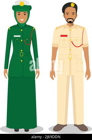 Coppia di poliziotti arabi isolati su sfondo bianco. Insieme di poliziotti e poliziotti. Carino e semplice in stile piatto. Illustrazione Vettoriale