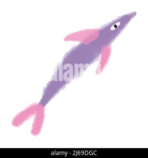 Pesce squalo vettoriale dipinto in acquerello viola con pinna rosa. Illustrazione astratta del mondo subacqueo disegnato a mano. Illustrazione Vettoriale