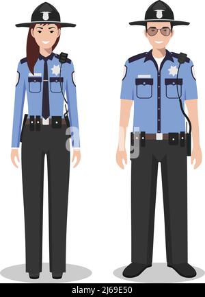 Coppia di poliziotti americani isolati su sfondo bianco. Insieme di poliziotti e poliziotti statunitensi. Carino e semplice in stile piatto. Illustrazione Vettoriale