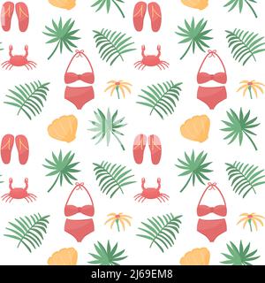 Modello senza giunture con elementi colorati della spiaggia: Costume da bagno, foglie tropicali, granchio, conchiglie. Vector vacanza estiva design ripetibile Illustrazione Vettoriale