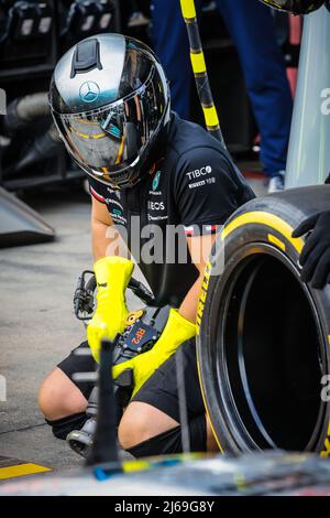 MELBOURNE, AUSTRALIA - APRILE 9: Mercedes F1 team Mechanics mette in pratica i pit-stop al Gran Premio di Formula 1 Australiano 2022 il 9th Aprile 2022 Foto Stock