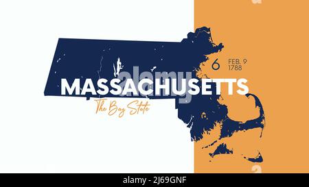 6 dei 50 stati Uniti con nome, soprannome e data ammessi all'Unione, Mappa dettagliata di Vector Massachusetts per la stampa di poster, pos Illustrazione Vettoriale