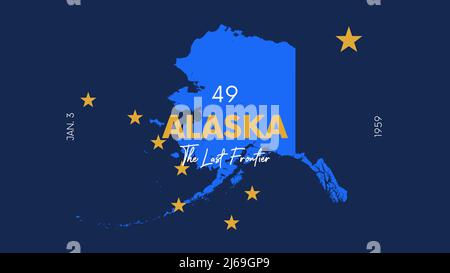 49 dei 50 stati Uniti d'America con un nome, nickname e data ammessi all'Unione, Mappa dettagliata Vector Alaska per la stampa di poster, cartoline Illustrazione Vettoriale
