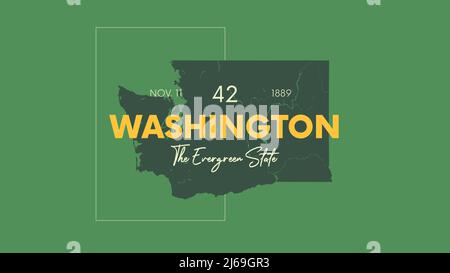 42 dei 50 stati Uniti d'America con un nome, nickname e data ammessi all'Unione, dettagliato Vector Washington Map per la stampa di poster, Postc Illustrazione Vettoriale