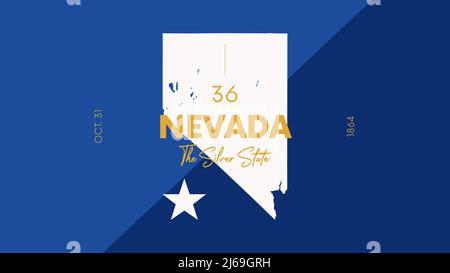 36 dei 50 stati Uniti con un nome, soprannome e data ammessi all'Unione, Mappa dettagliata di Vector Nevada per la stampa di poster, cartoline Illustrazione Vettoriale
