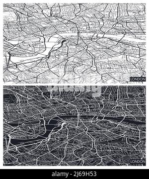 Vista aerea dall'alto mappa della città di Londra, piano dettagliato in bianco e nero, griglia urbana in prospettiva, illustrazione vettoriale Illustrazione Vettoriale