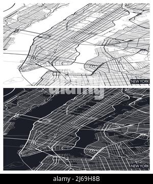 Vista aerea dall'alto mappa della città New York, piano dettagliato in bianco e nero, griglia urbana in prospettiva, illustrazione vettoriale Illustrazione Vettoriale