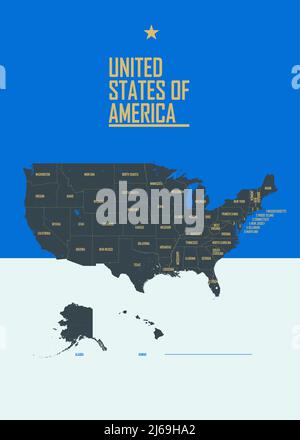 Poster a colori con mappa dettagliata degli Stati Uniti d'America, con nomi di stato, illustrazione vettoriale Illustrazione Vettoriale