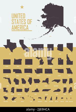 Poster con gli stati Uniti dettagliati, per dimensione del territorio, poster interno o cartolina postale con mappa degli Stati Uniti d'America Illustrazione Vettoriale