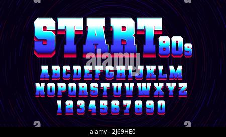 Carattere retrò futuristico latino da video giochi, lettere geometriche vettoriali e numeri con gradiente per lo sport o carattere vettoriale di disegno di gioco Illustrazione Vettoriale