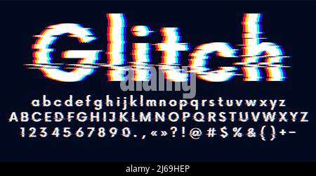L'alfabeto digitale glitched effetto distorto di errore di schermo, caratteri latini maiuscoli e minuscoli Glitch carattere, illustrazione vettoriale Illustrazione Vettoriale