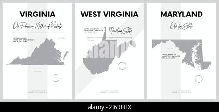 Poster vettoriali con sagome molto dettagliate delle mappe degli stati dell'America, Divisione Sud Atlantico - Virginia, West Virginia, Maryland - Set 8 Illustrazione Vettoriale