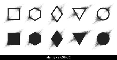 Set vettoriale di forme geometriche con effetto spray particellare, distruzione della figura che si trasforma in polvere Illustrazione Vettoriale