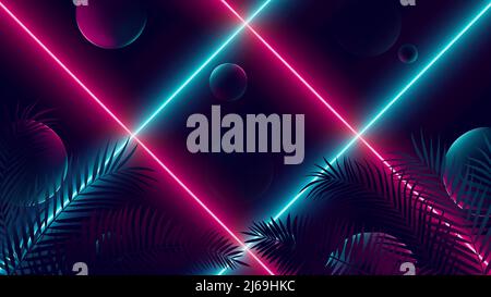 Sfondo futuristico con raggi al neon rosso e blu brillanti, riflessi colorati su palle e silhouette di foglie tropicali, illustrazione vettoriale Illustrazione Vettoriale