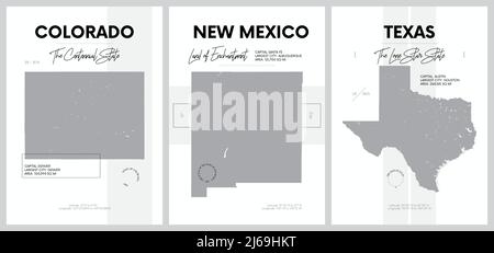 Poster vettoriali con sagome molto dettagliate delle mappe degli stati dell'America, della Divisione montagna e del Centro Sud Occidentale - Colorado, New Mexico, Tex Illustrazione Vettoriale