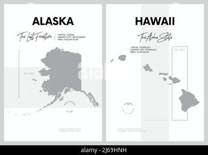 Poster vettoriali con sagome molto dettagliate delle mappe degli stati dell'America, Divisione Pacifico - Alaska, Hawaii - Set 17 di 17 Illustrazione Vettoriale