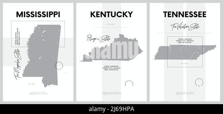 Poster vettoriali con sagome molto dettagliate delle mappe degli stati dell'America, Divisione East South Central - Mississippi, Kentucky, Tennessee - Set Illustrazione Vettoriale