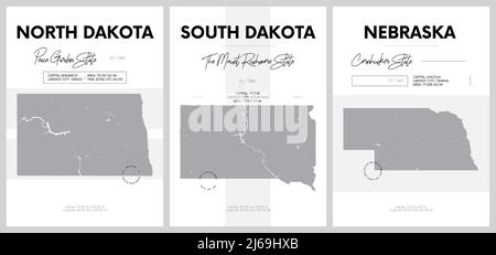 Poster vettoriali con sagome molto dettagliate delle mappe degli stati dell'America, Divisione West North Central - North Dakota, South Dakota, Nebraska - Illustrazione Vettoriale