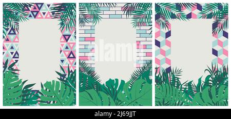 Set creativo di opuscoli con foglie tropicali su sfondo geometrico colorato con spazio per testo, biglietti di auguri vettoriali e biglietti di invito Illustrazione Vettoriale