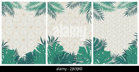 Set creativo di eleganti opuscoli con foglie e piante tropicali su un disegno geometrico bianco in stile art deco, carte vettoriali e volantini Illustrazione Vettoriale