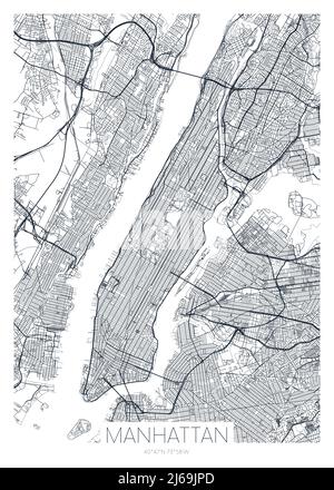 Mappa dettagliata del quartiere di Manhattan New York City, poster vettoriale o cartolina per la strada della città e il piano del parco Illustrazione Vettoriale