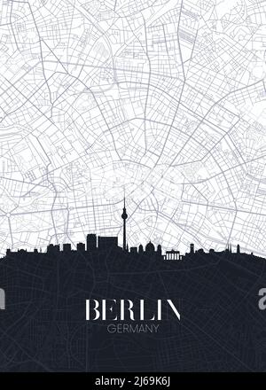 Mappa dello skyline e della città di Berlino, poster dettagliato del vettore urbanistico Illustrazione Vettoriale